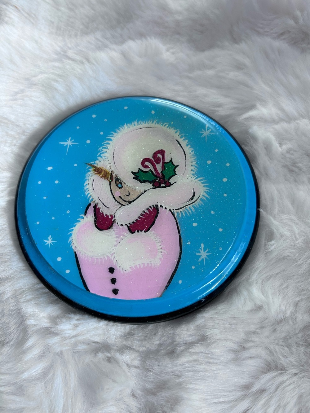Hand-Painted Winter Snowgirl 4.5” wall art - Blue & Pink
